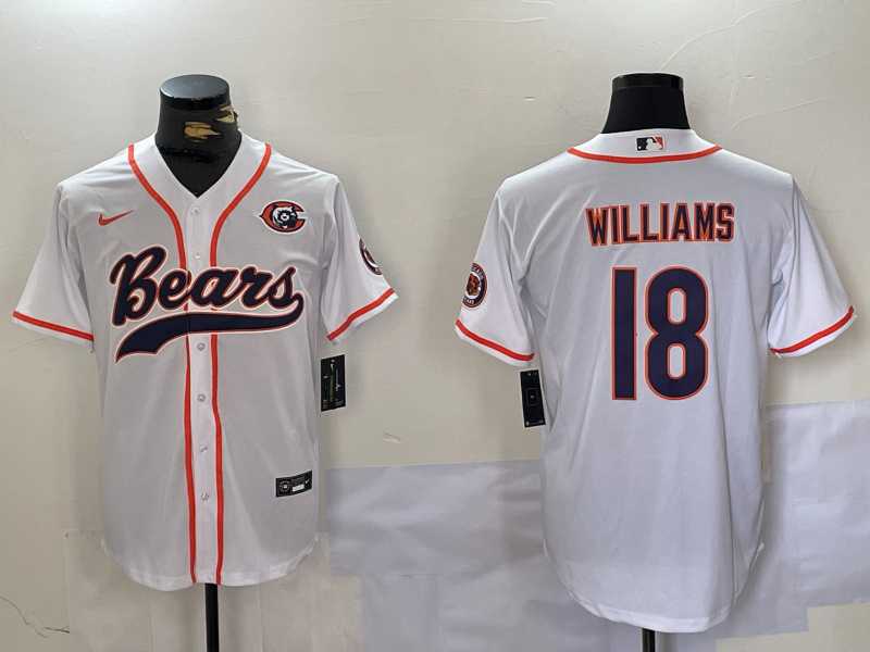 Men's Chicago Bears #18 Caleb Williams White With Patch Cool Base Stitched Baseball Jersey,We sell and wholesale Men's Chicago Bears #18 Caleb Williams White With Patch Cool Base Stitched Baseball Jersey on line form chian!